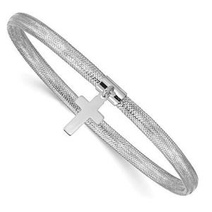 14K White Gold Womens Dangle Cross Charm Mesh Flexible Bangle Bracelet